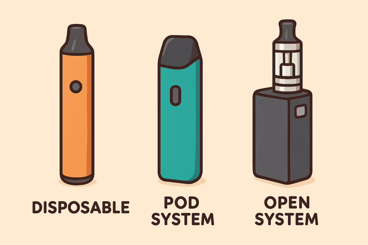 "Three main types of e-cigarettes for beginners: disposable, pod system, and advanced mod devices"