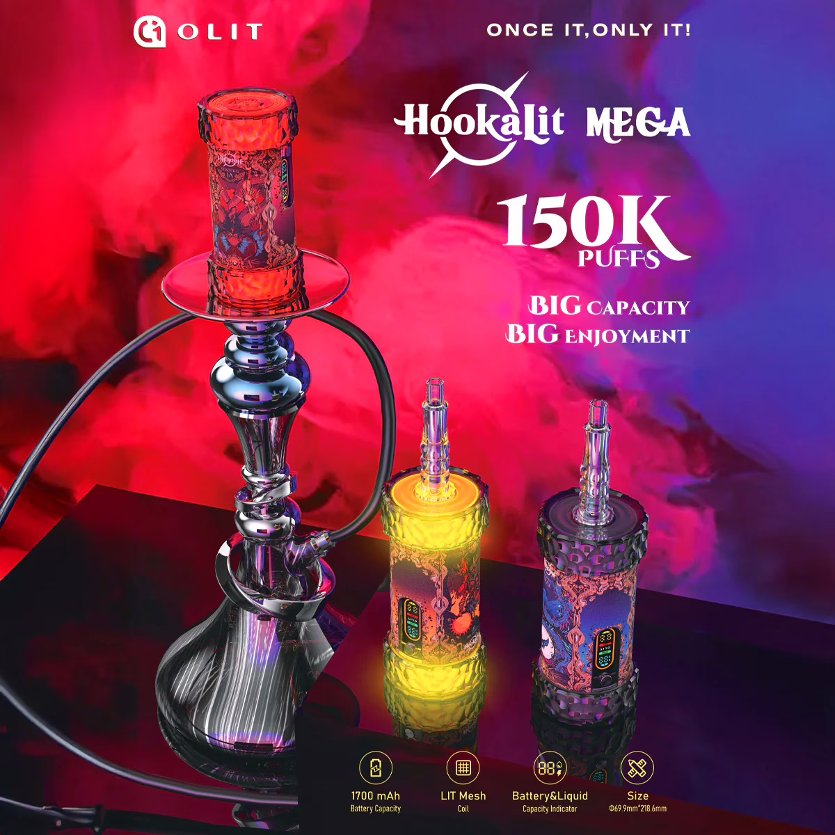 Olit Hookalit Mega 150K — Rechargeable Disposable Hookah Vape