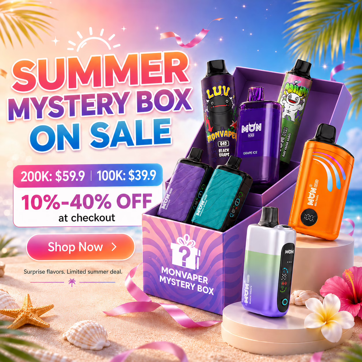 Summer mystery box vape sale with Monvaper disposable vapes and surprise flavors